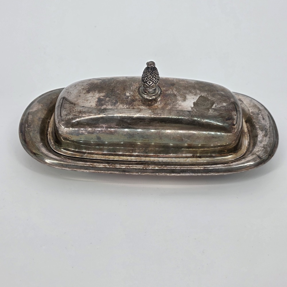 Vintage Silver Plated 3 Piece Butter Dish W Glass Antique Classic Pineapple Top